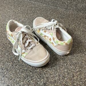 Vans Ols Skool Little Girls Sz 1 Pink Check Suede/Canvas Sneaker Lace Up Low Top